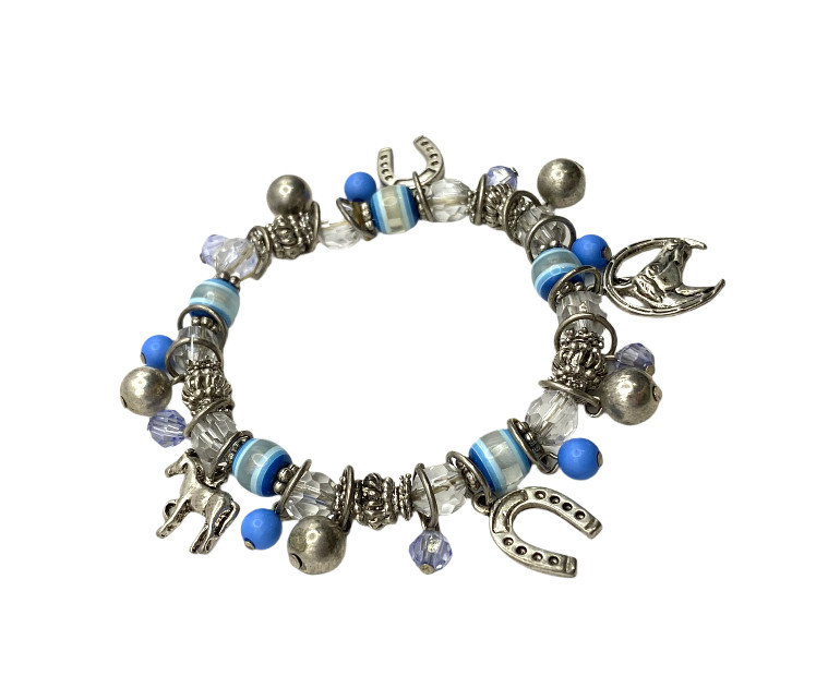 Blue-Clear Beaded Stretch Horse Horseshoe Charm Bracelet Silver Tone Equestrian