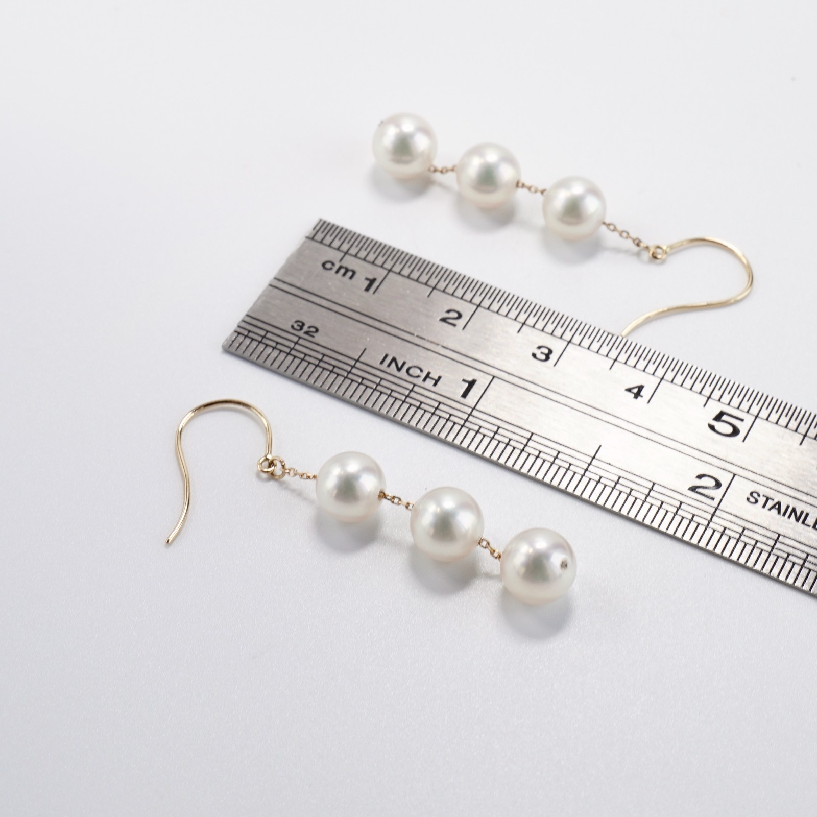 AAA 6.5-6.9MM White Japanese Akoya Pearl Long Earrings 18Kt Yellow Gold, 1.7″