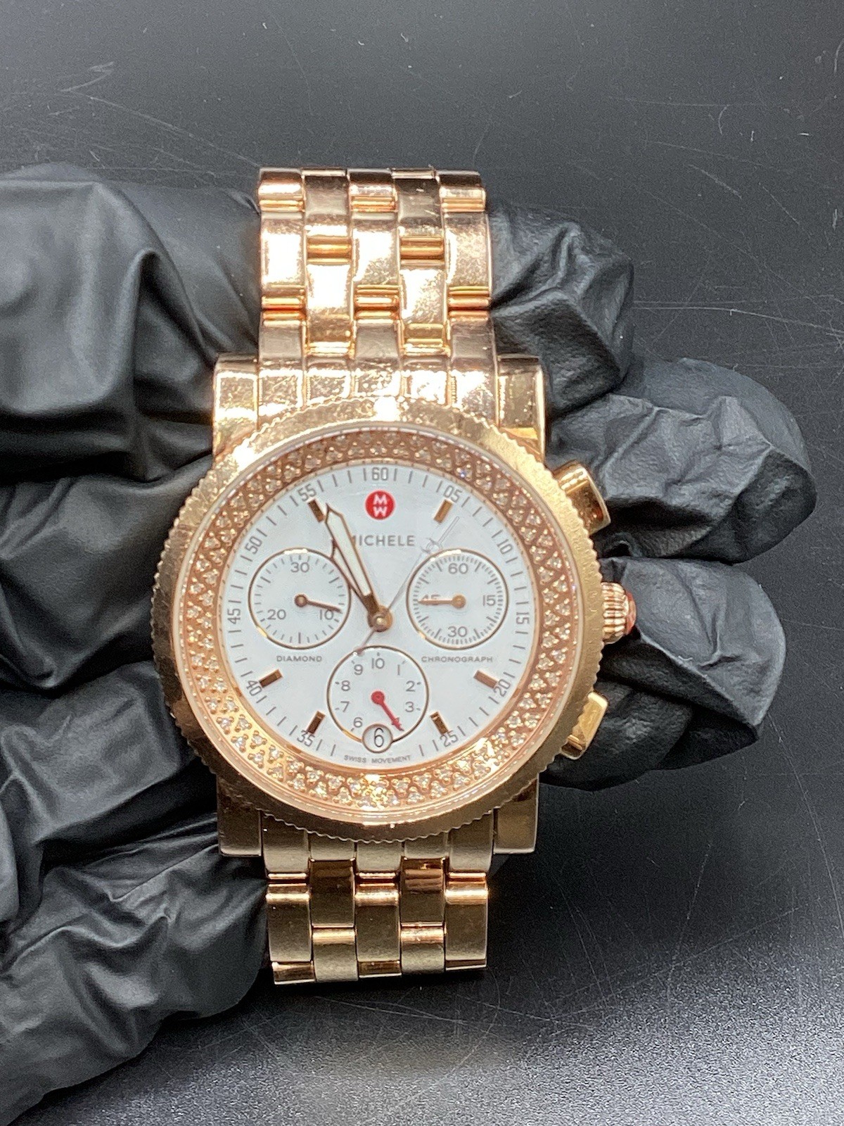 MICHELE (MW01C01G1001) Diamond Rose Gold White Dial Chrono Watch-Free Shipping