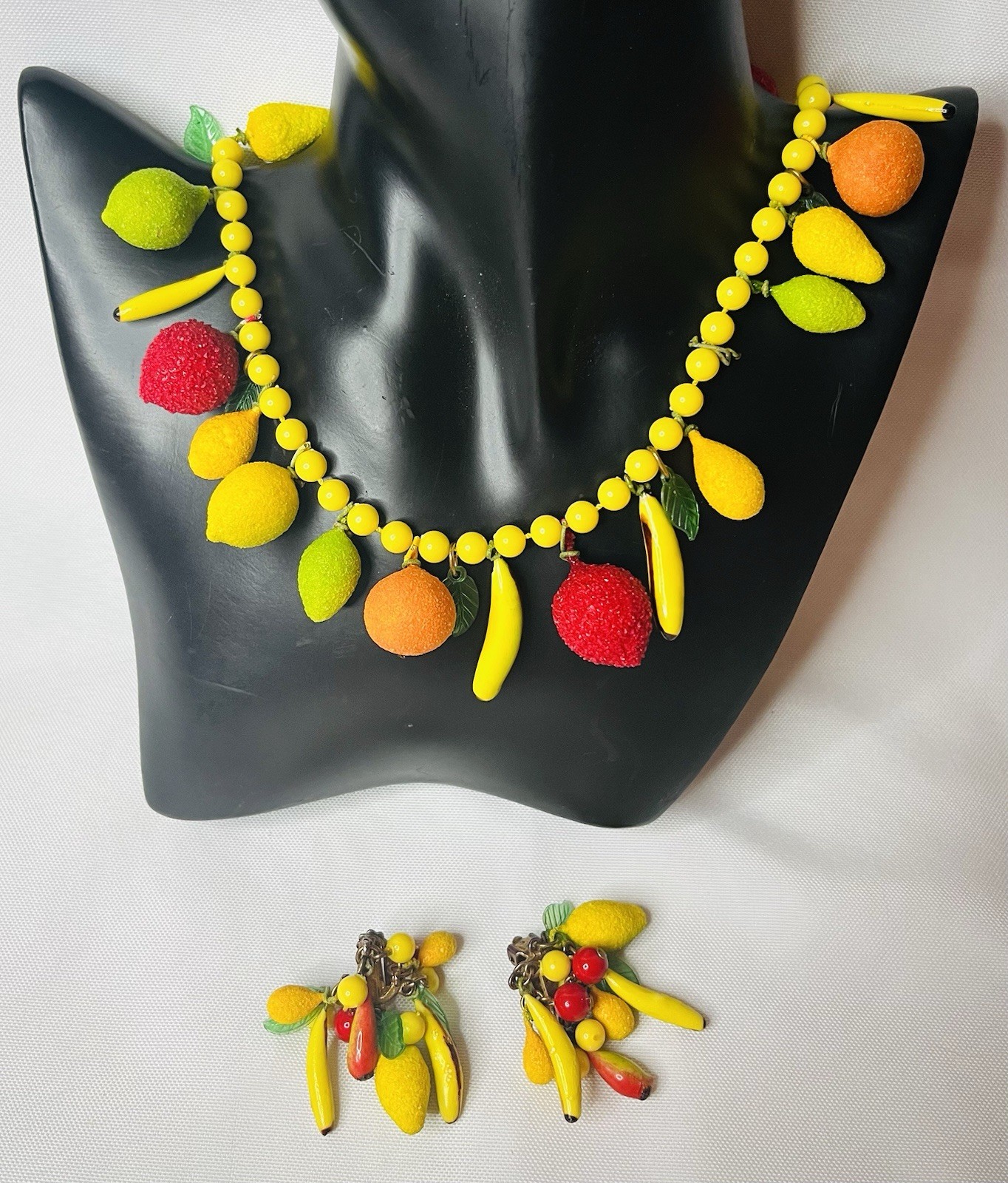 Set of Vintage Anka Fruit Salad Beaded Earrings & Necklace