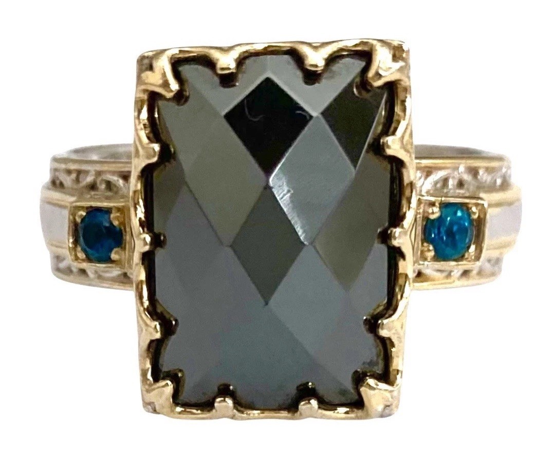 GEMS EN VOGUE Sterling Silver Gold Plated HEMATITE & NEON BLUE APATITE Ring