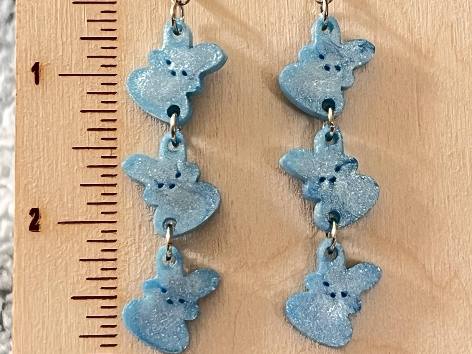 Handcrafted Blue Bunny Dangle Earrings Polymer Clay Animal Theme 2.8 in hook