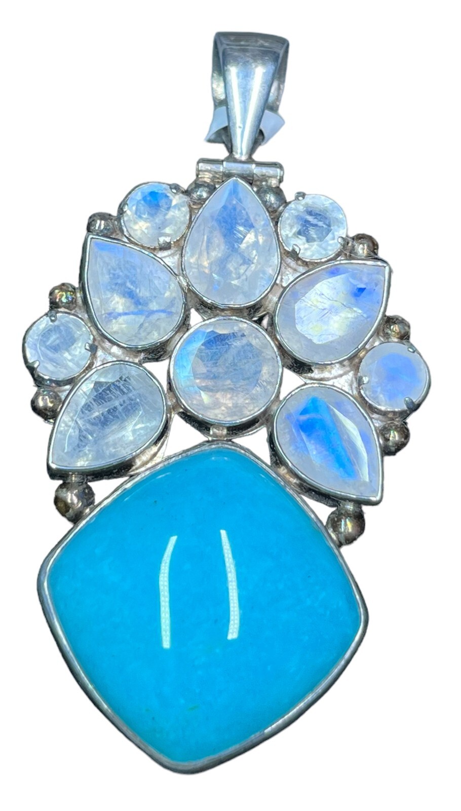 Himalayan Gems Amazonite , White Topaz , Moonstone Sterling Pendant Artisan