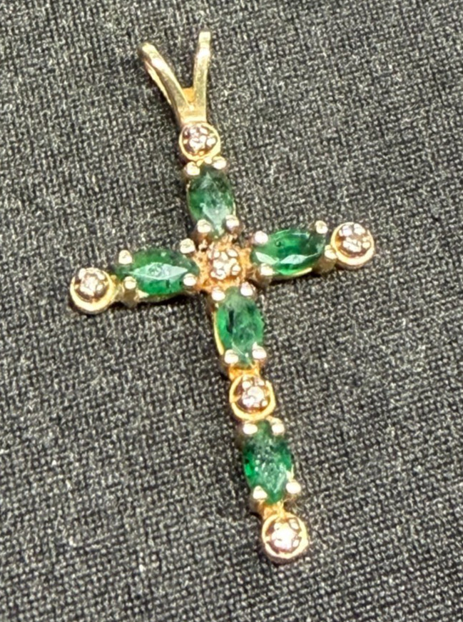14k Yellow Gold Emerald Cross (Pendant Only, No Chain).