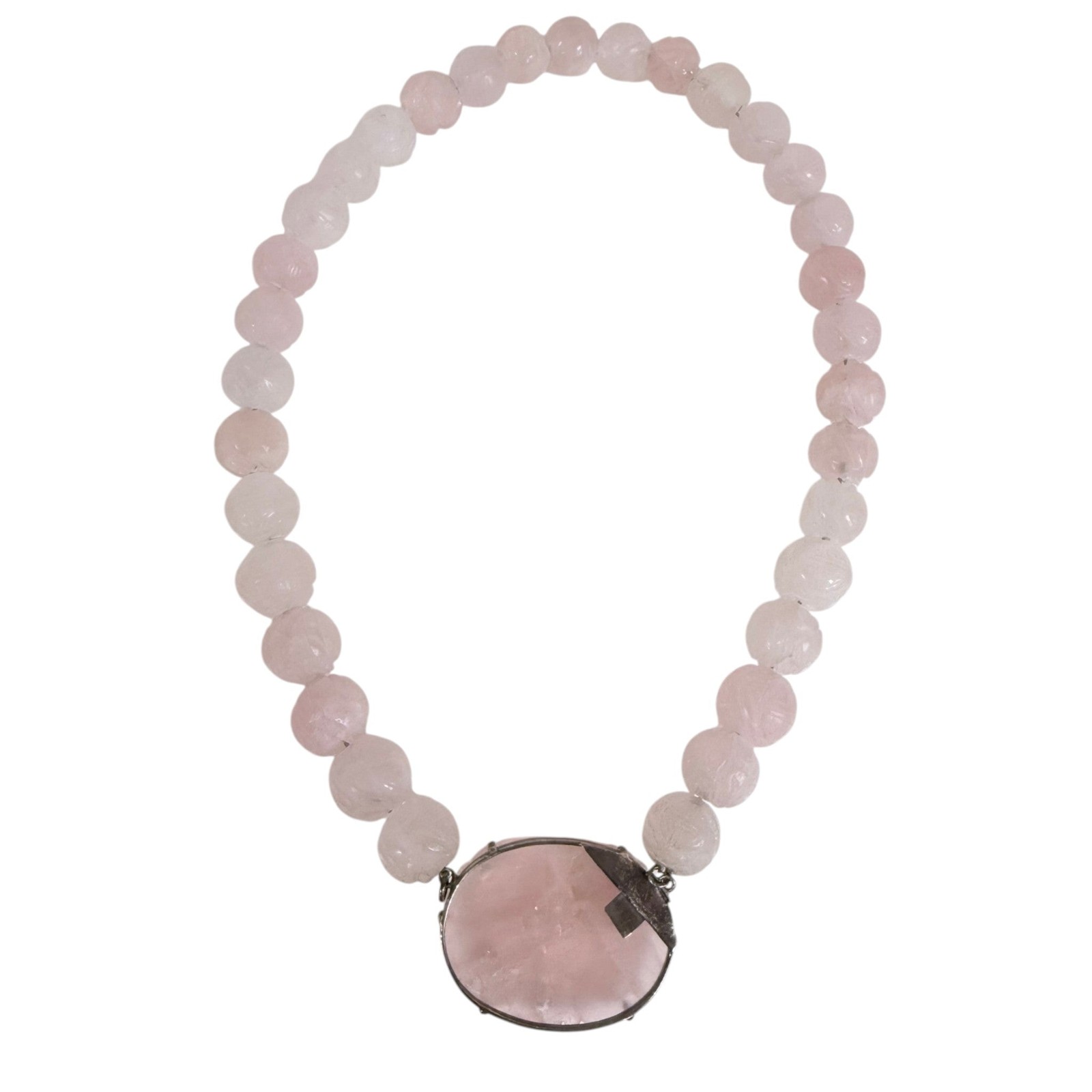 Vintage Carved Rose Quartz & Sterling Silver Statement Necklace