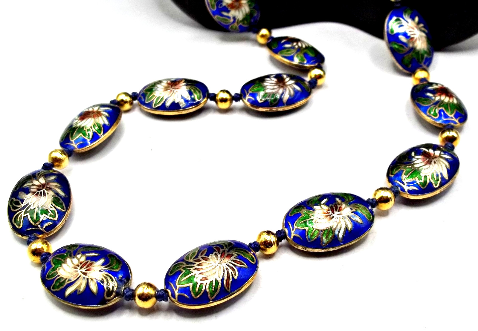 Vintage Chinese Export Blue Cloisonne Enamel Flat Oval Beads Beaded Necklace