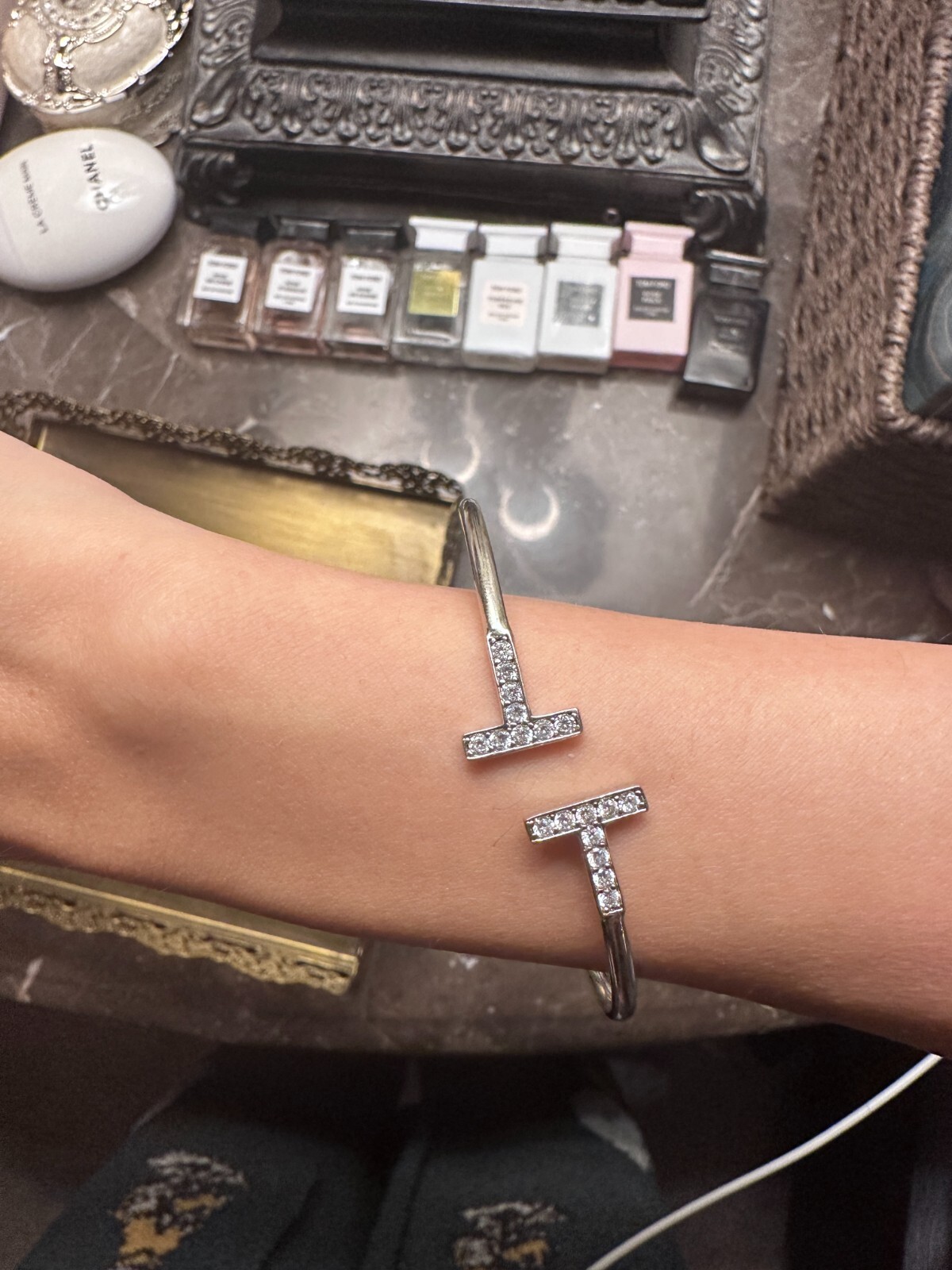 Silver Sparkling Open Cuff Bracelet – Double Bar Pavé Design (16-18cm Wrist)