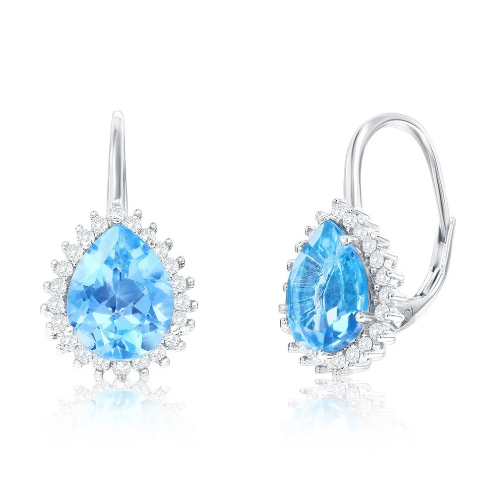 Sterling Silver, Pearshaped Halo Gem Earrings – Blue & White Topaz