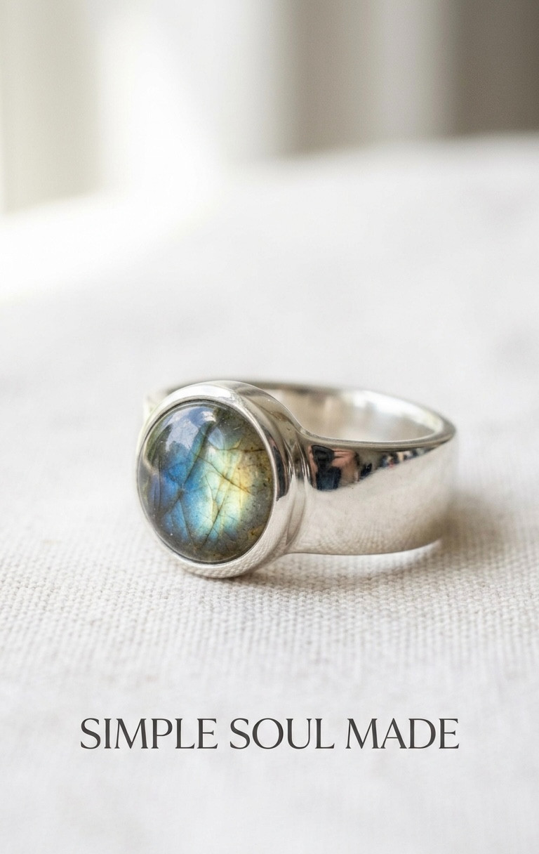 925 Sterling Silver Mens Labradorite Ring Round Bezel Set Wide Band Signet Style