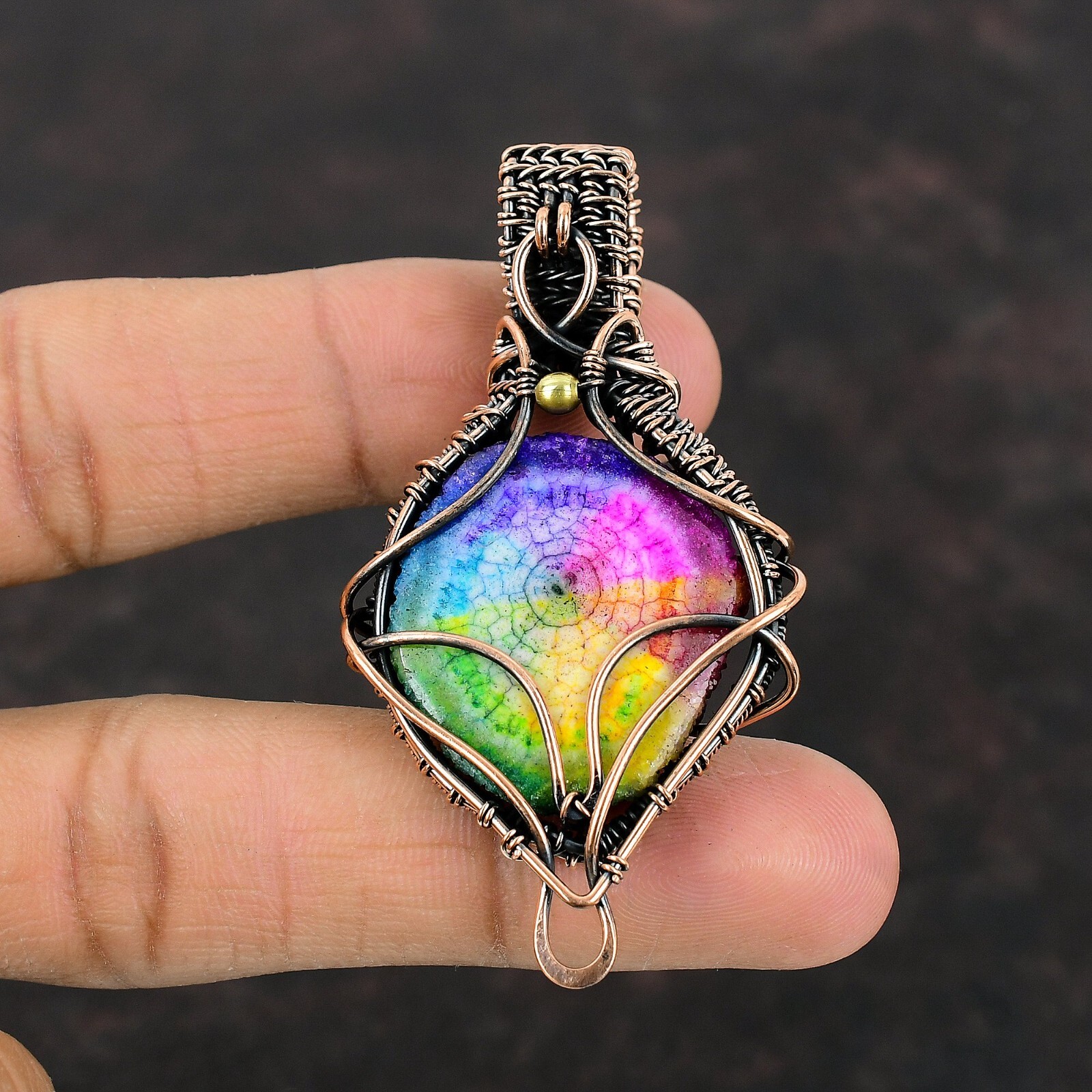 Rainbow Solar Quartz Druzy Copper Gift For Briedsmaid Wire Wrapped Pendant 2.6″