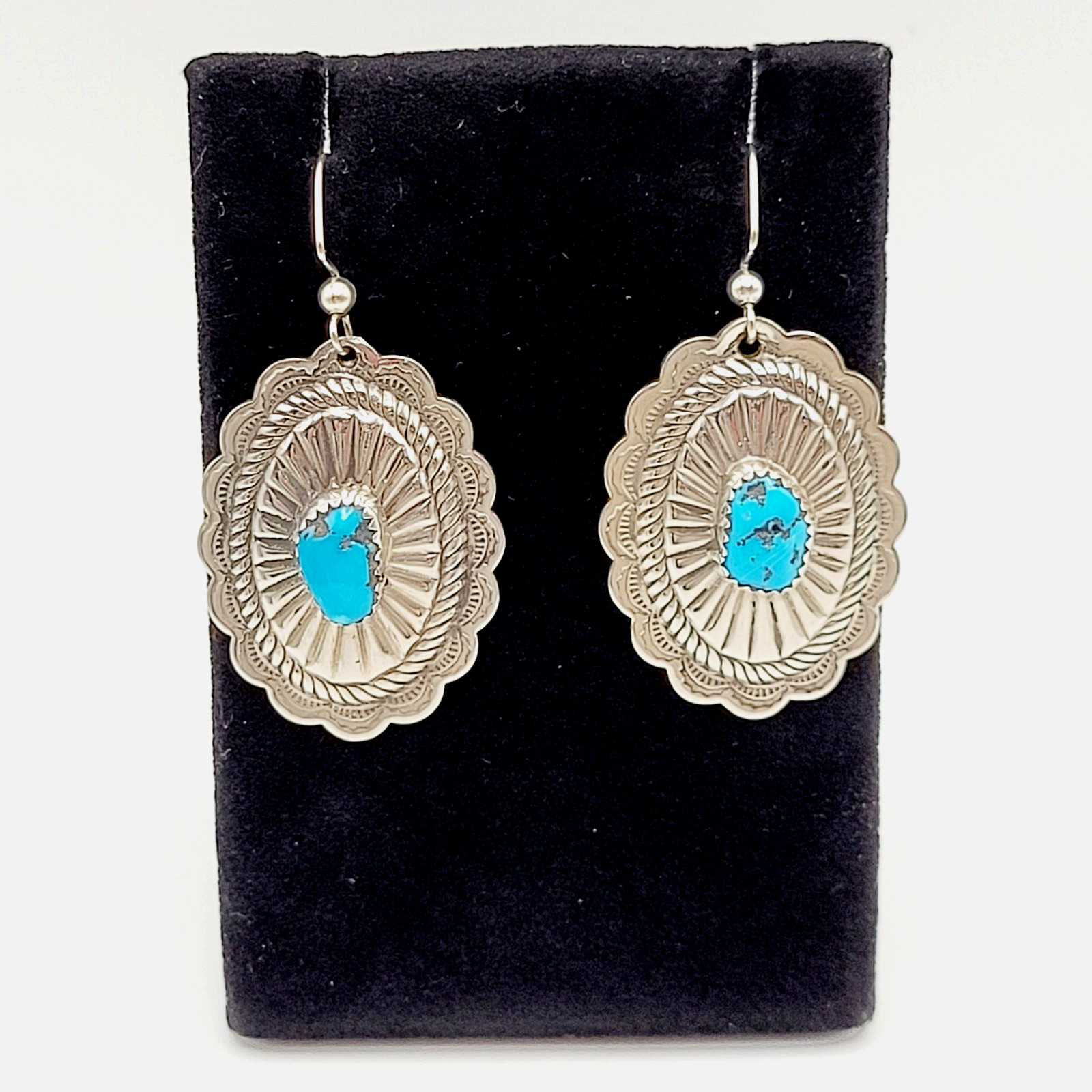 Southwestern Style Silver Tone Turquoise Concho Dangle Pierced Hook Earrings
