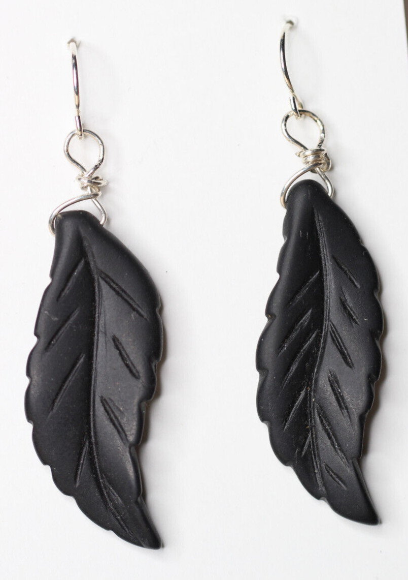 Graphite Black Leaf Carved Gemstone 925 Sterling Silver Wrapped Earrings 2 1/8″