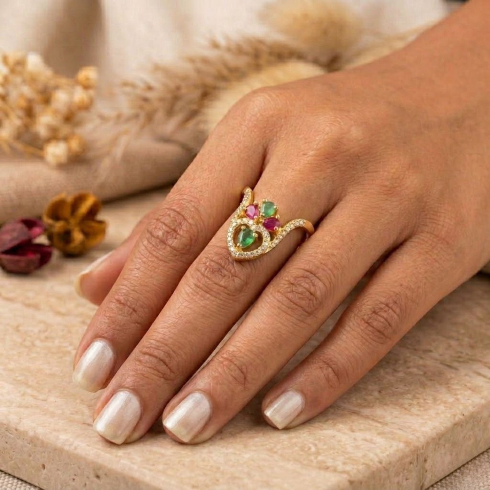 Gold Plated CZ Vanki Ring: Adjustable Indian Design