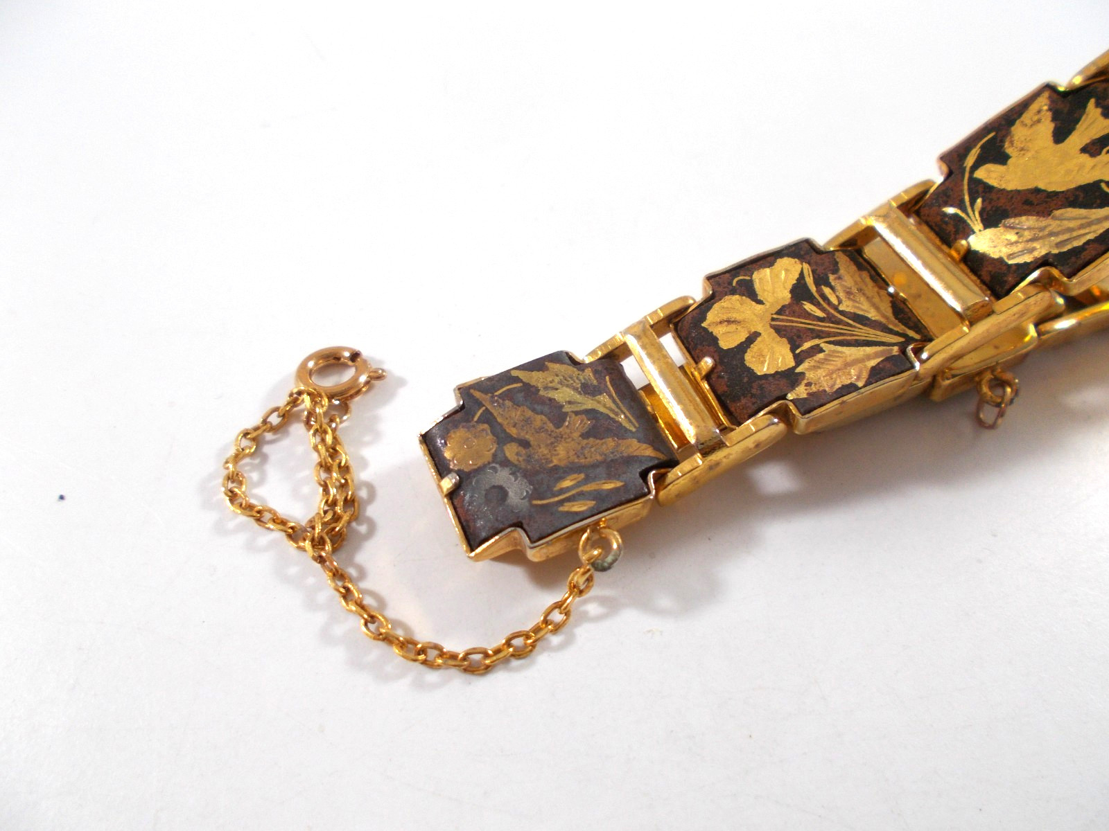 Damascene Style Panel Bracelet Bird Butterfly Flower Design with Safety Chain