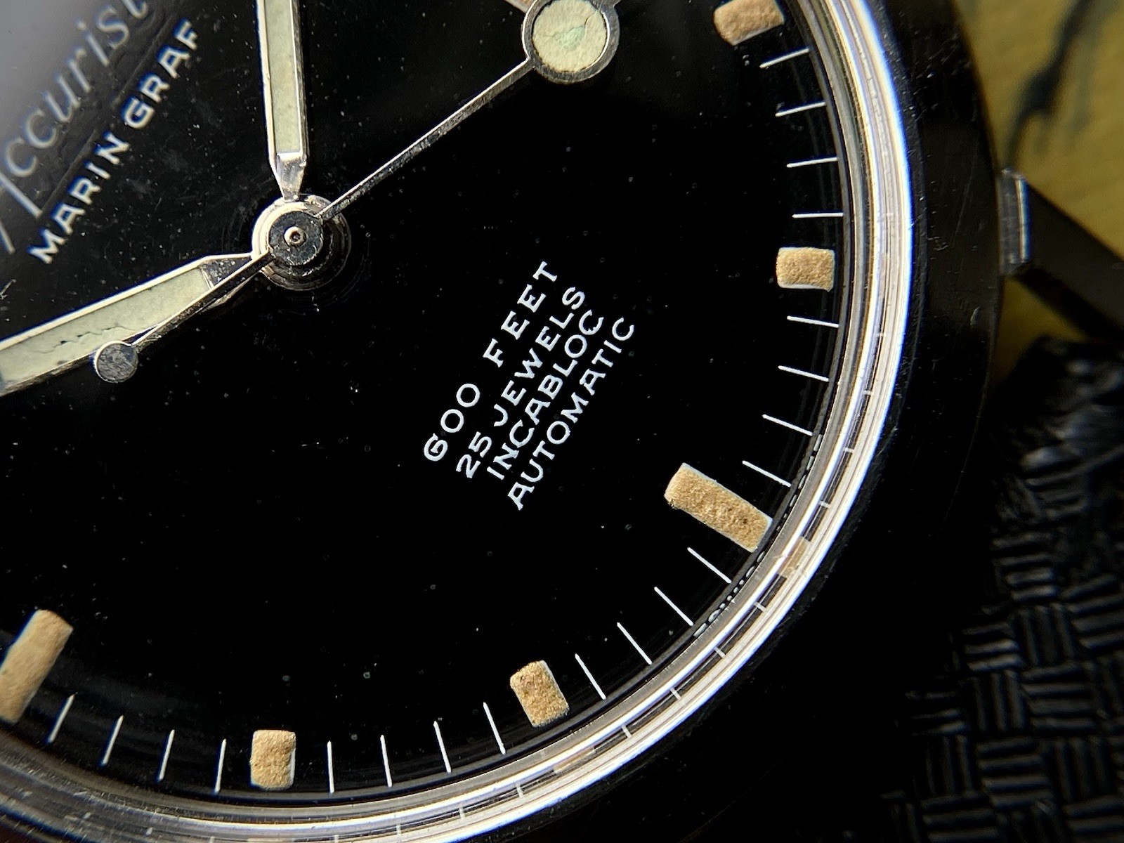 1960s Accurist Marin Graf 600 feet black dial Divers watch ETA 2452 date Tropic