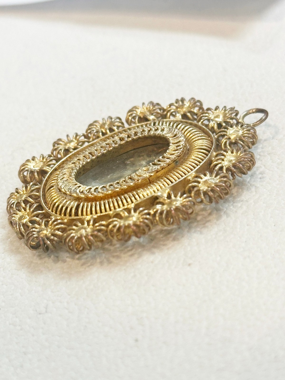 Philippines Tambourine Reliquary Gold Gilt Filigree Pendant 1930’s