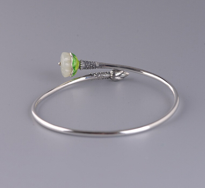 I05 Bangle Silver 925 with Lotus Flower Bud White Jade Cloisonne Green