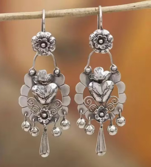 EARRINGS- Intricate Heart and Floral with Tassel Pendants, Silver Tone