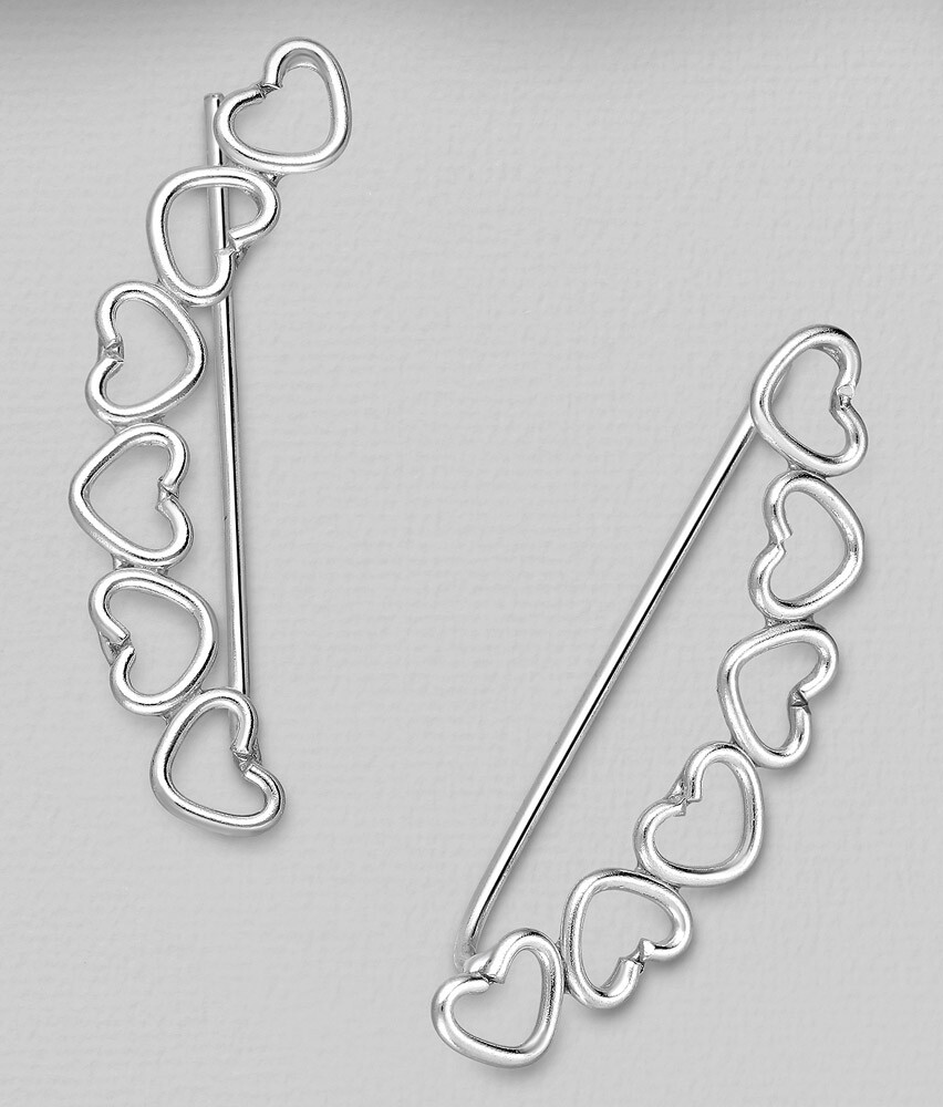 Solid Sterling Silver Sweet Hearts Ear Cuff CRAWLER Climber Hook Earrings 1″