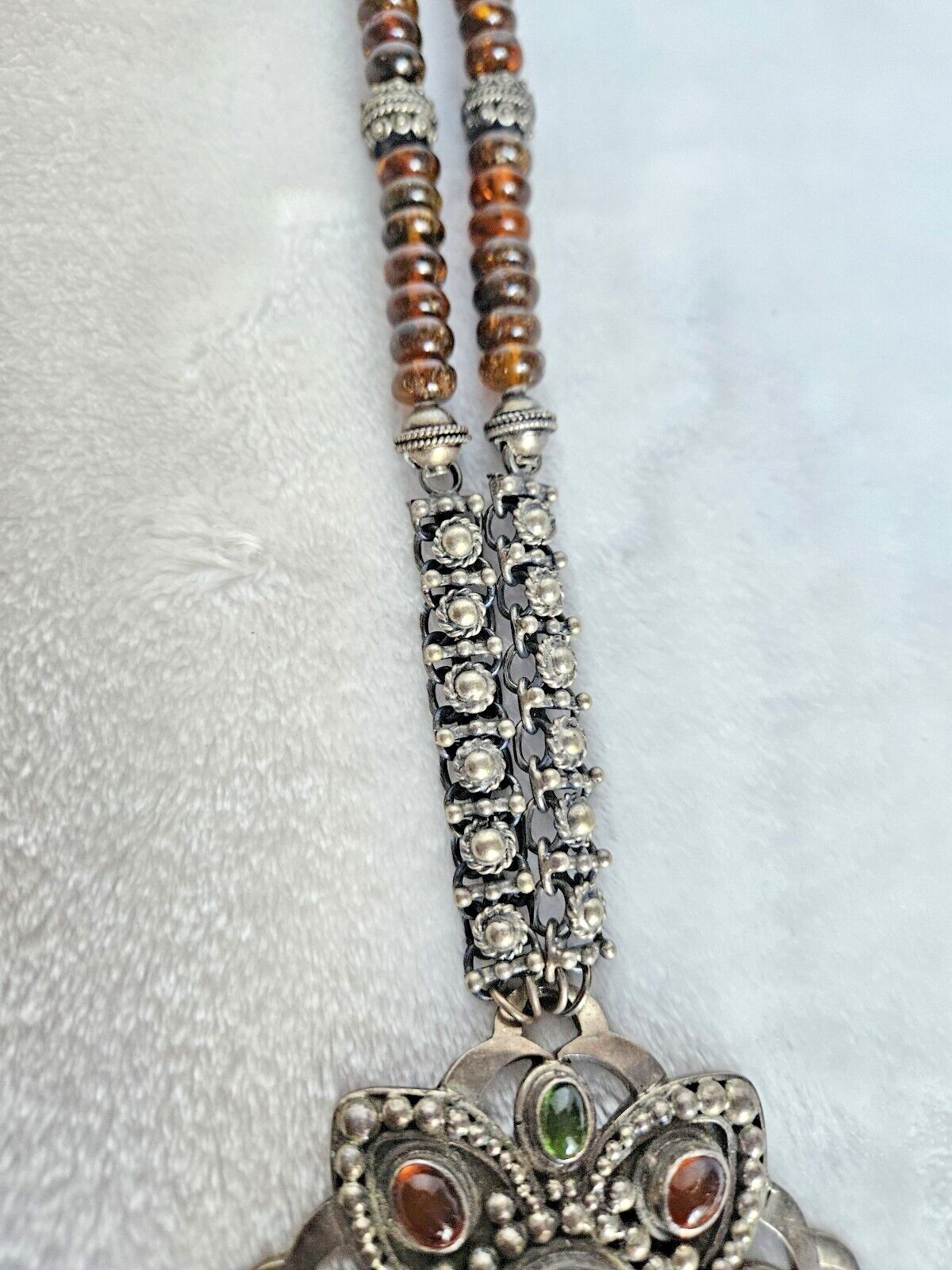 Vintage 925 Solid Sterling Silver Multicolor Amber Large Pendant Necklace
