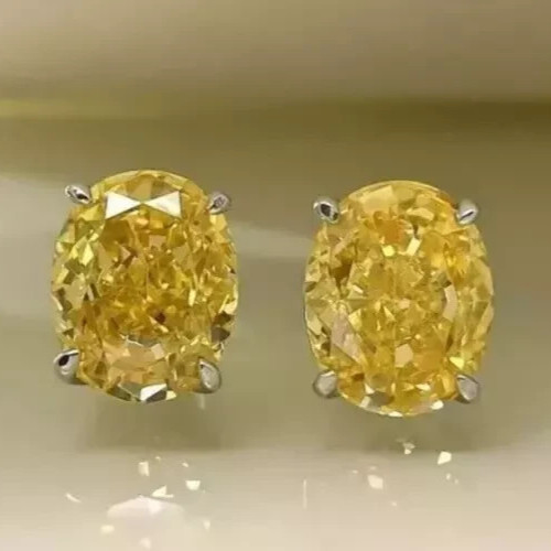 6.00 Ct Certified Oval Cut Natural Yellow Diamond Studs VVS1 White Gold Finish
