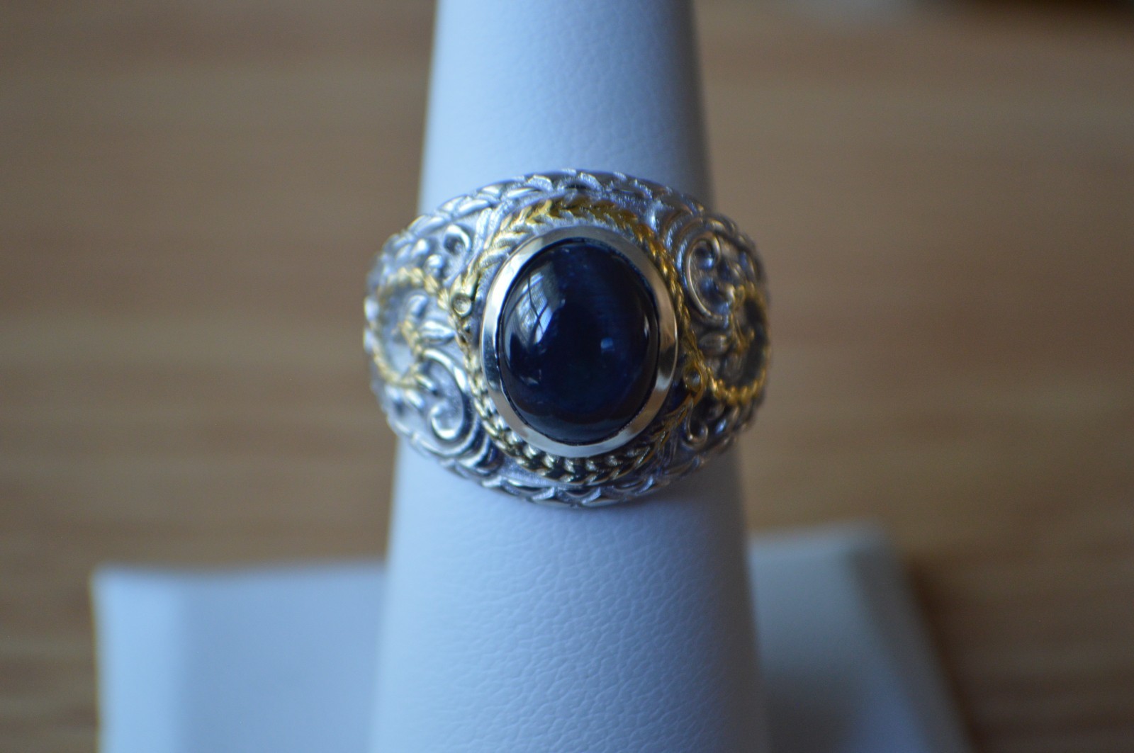 4.65ct Blue Star Sapphire Ring Rhodium & 18k YG Plated Over Fine Silver Size 7