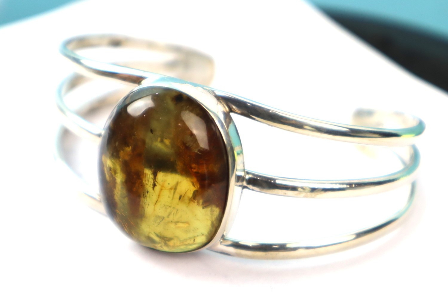 Hugh Natural Clear Green Blue Amber solid .925 Sterling Silver Cuff Bangle 7inch