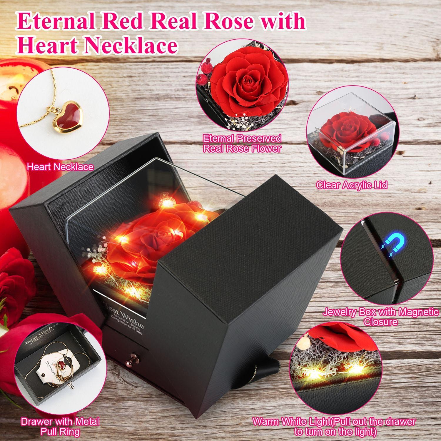 Preserved Red Real Rose w/ Heart Necklace Eternal Flowers w/ Golden