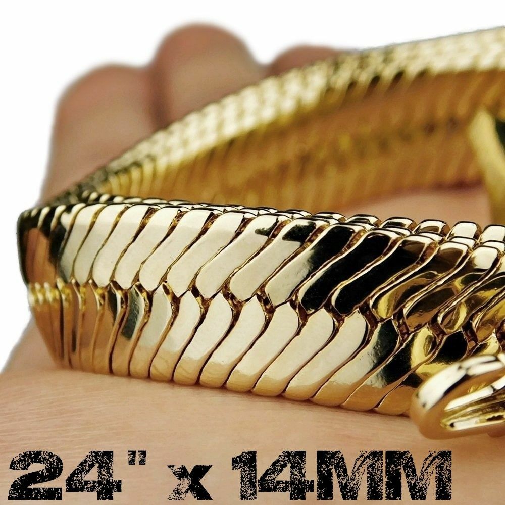Mens 14K Gold Plated Herringbone Chain Flat Hip Hop Necklace 20″-30″ 4MM-14MM