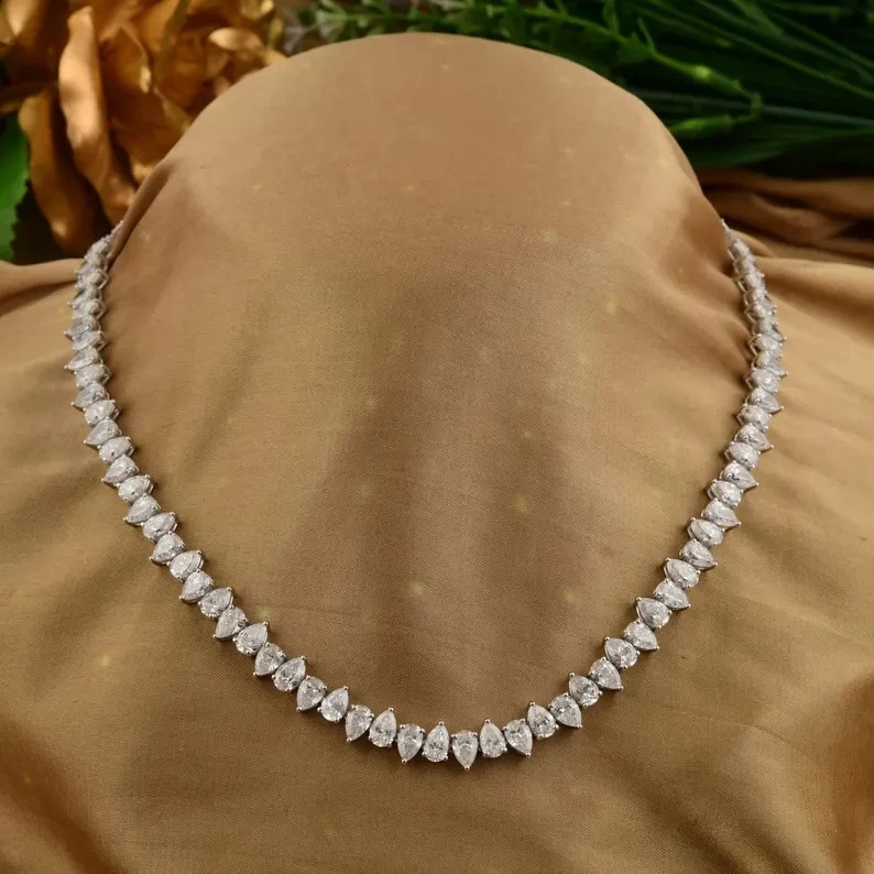 22.00 Ctw Pear Lab Created Diamond Tennis Necklace 14k White Gold Plated