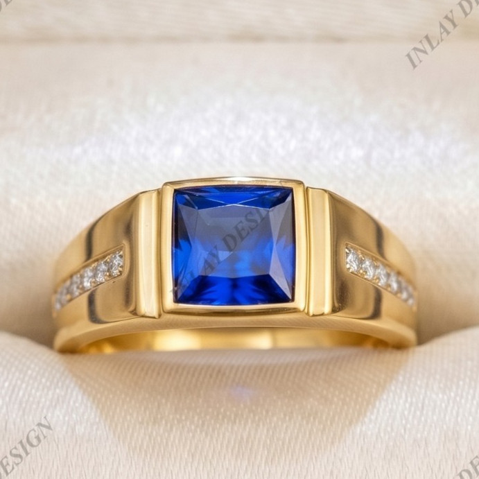 Men’s Blue Sapphire Solitaire Engagement Ring 14K Yellow Gold Plated Ring