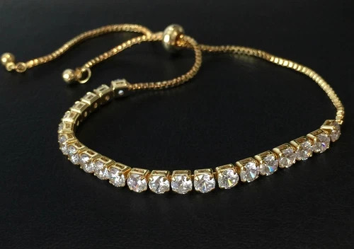 18K Gold Plated Bolo Tennis Bracelet Made Simulated Diamond Round Prong Stone