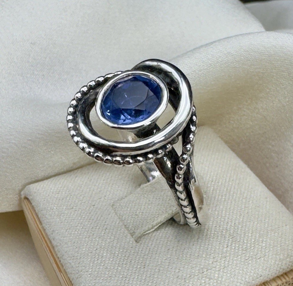 925 PZ Israel Sterling Double Band Ring w/ Faceted Iolite Gemstone Sz 8