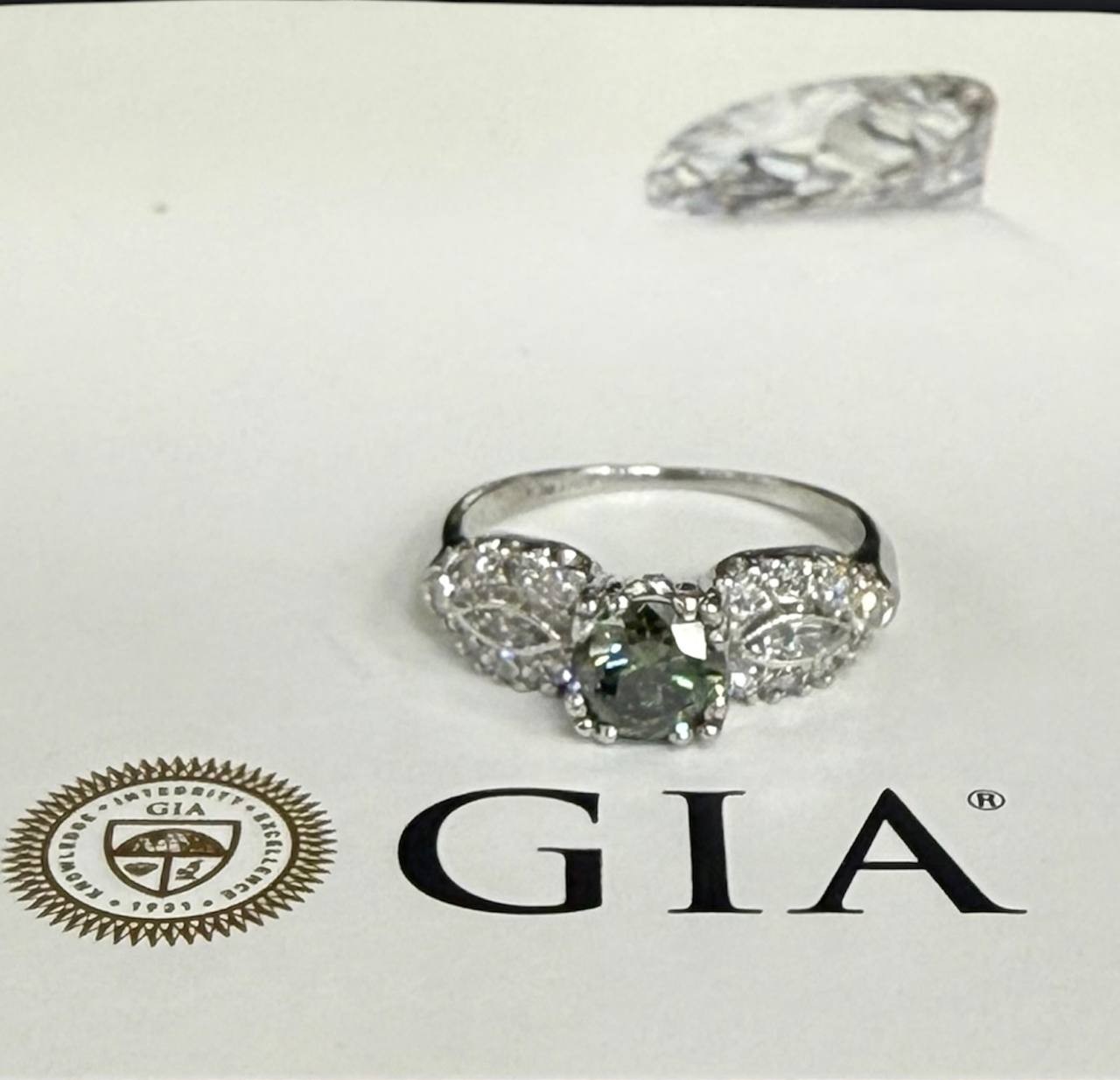 GIA Cert. 0.82ct Treated Fancy Dark Gray-Yellowish Green Diamond Platinum Ring