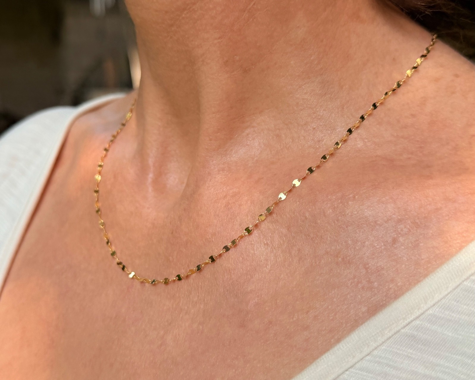 14k Solid Yellow Gold 18″ 2.1mm Mirror chain necklace Sequin minimalist