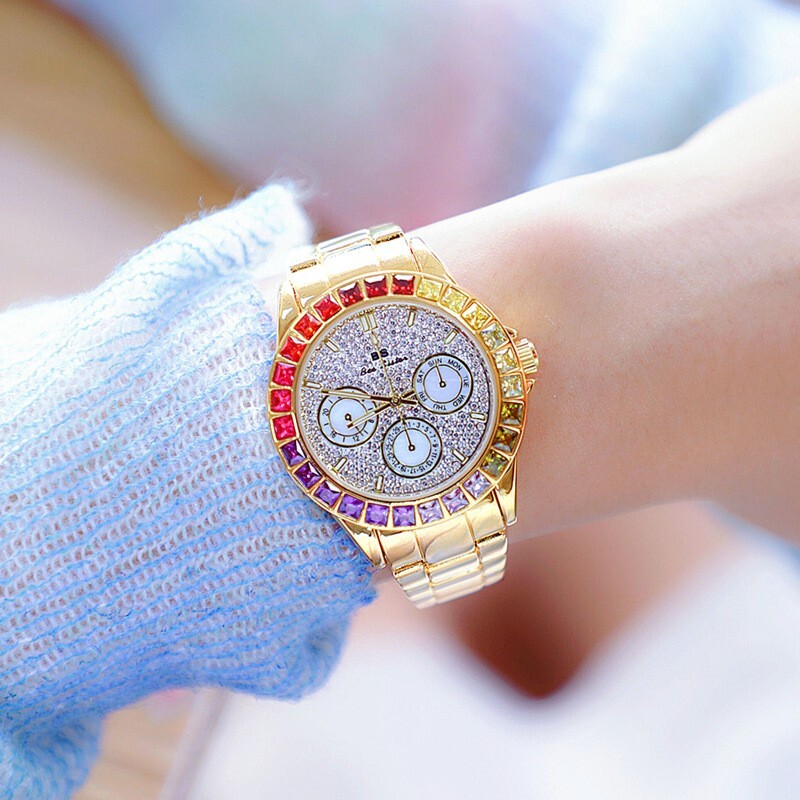 Rainbow Crystal Bezel Women Watch Gold Tone Colored Gems Women’s Wrist Watch
