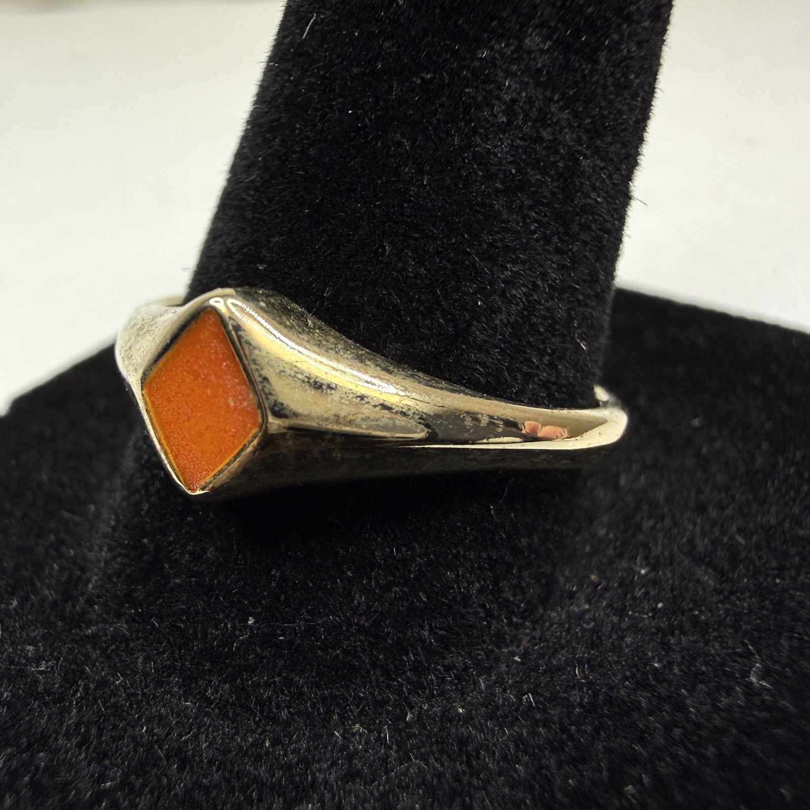 Vintage Style Gold Tone Ring Orange Enamel Inlay Rhombus Design Jewelry Size 9