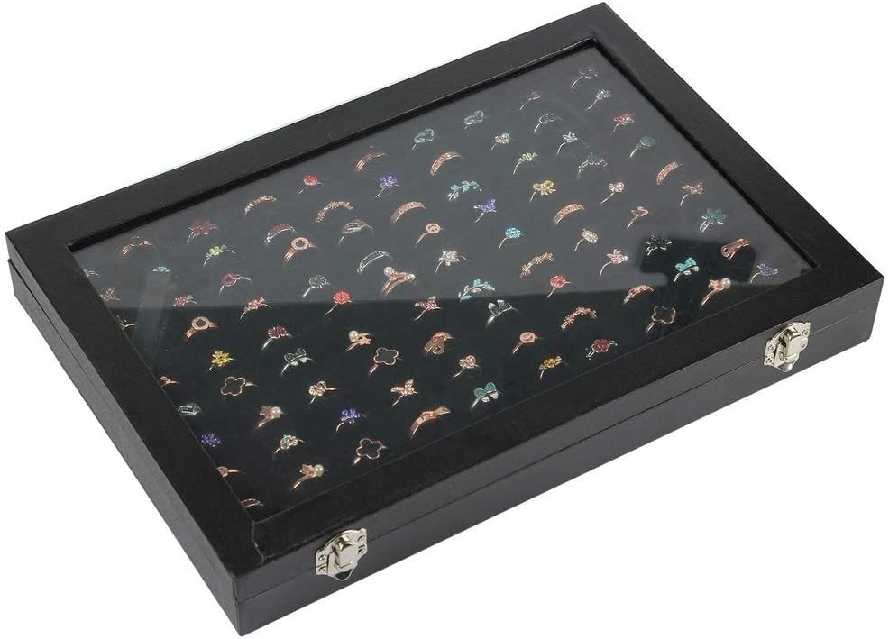 Elegant Black Ring Display Case with 100 Slots & Transparent Lid, 10×14 inches