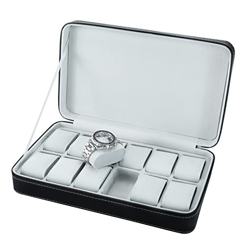 12 Slots Watch Boxes,Portable Zip Watch Jewelry Display Case with Removable