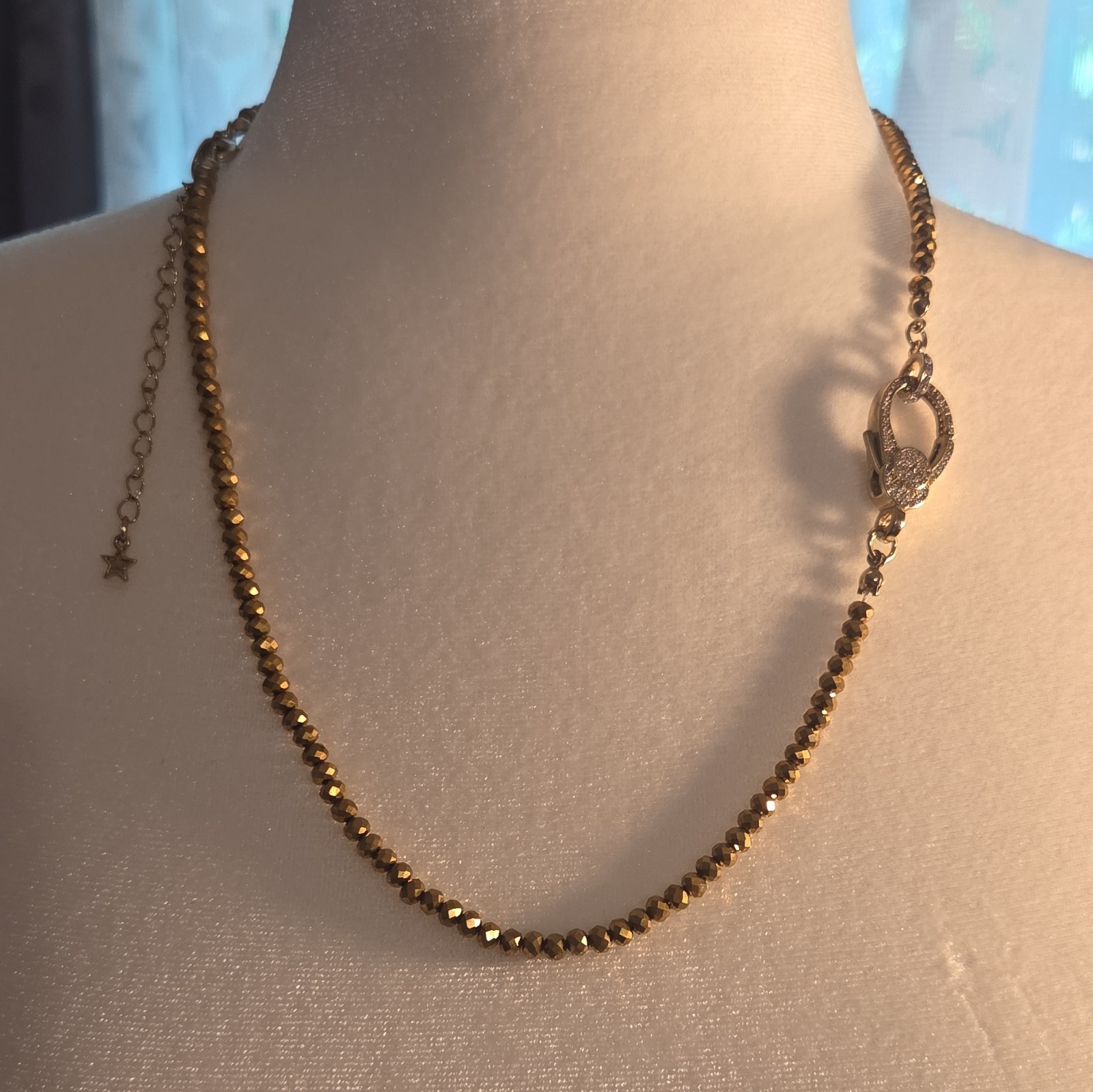 Gold Tone Beaded Ball Chain Necklace Crystal Pavé Pendant Star Charm Adjustable