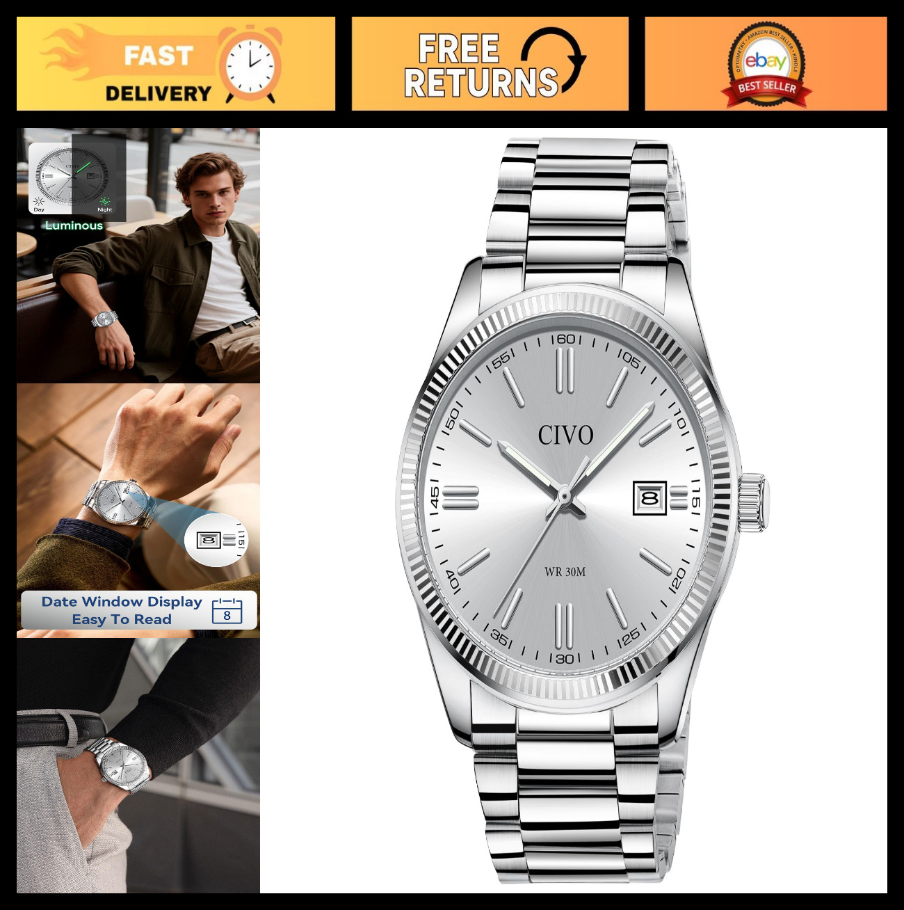 Stylish Men’s Analog Watch – Easy-to-Read Date Display, Stainless Steel Dress Wa