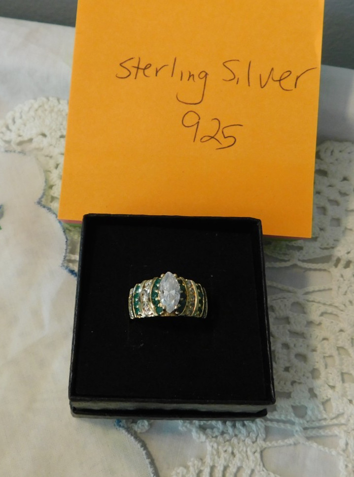 Cubic Zirconia Simulated Emerald Gold over Sterling Silver Cocktail Ring Size 7