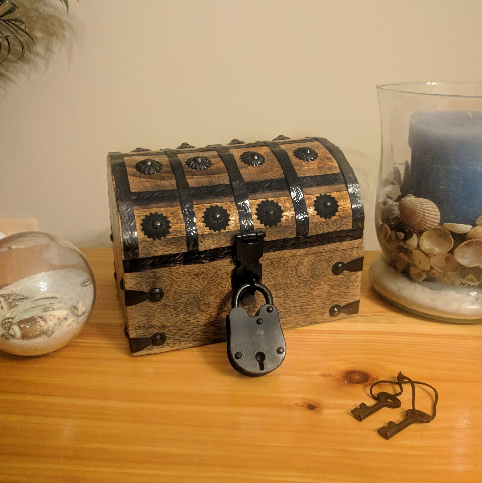 Pirate’s Treasure Chest Wooden Nautical Jewelry Box with Functional Lock and Key