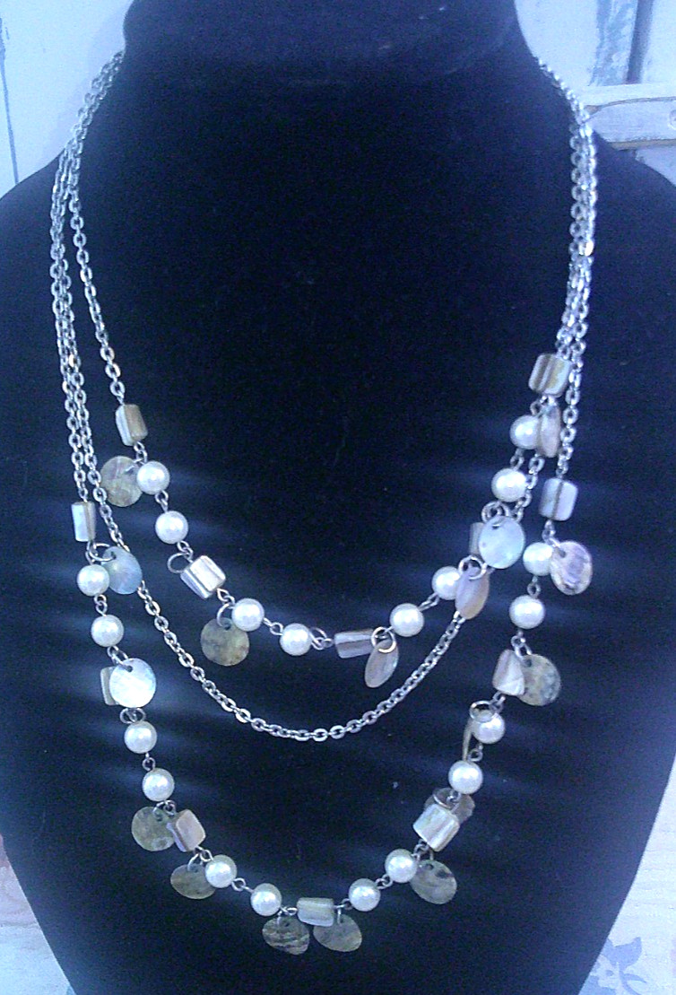 Vintage Faux Pearl & Shell Triple Strand Statement Necklace 24” Long