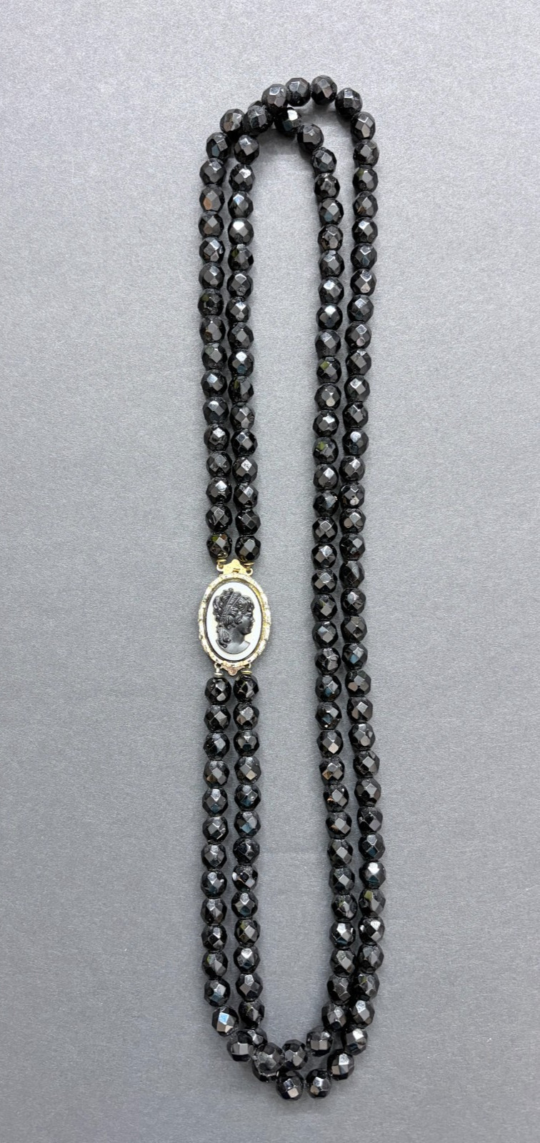 Black Glass Beaded Necklace Double Strand Cameo Clasp Art Deco French Jet Vtg