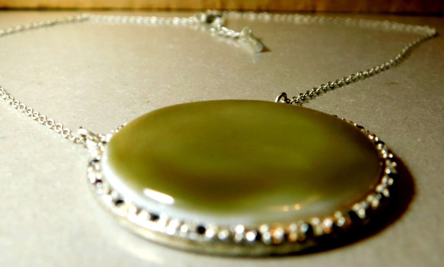 Kenneth Cole~Reaction (KCR) Silver Necklace & Large Round Green Abalone Pendant