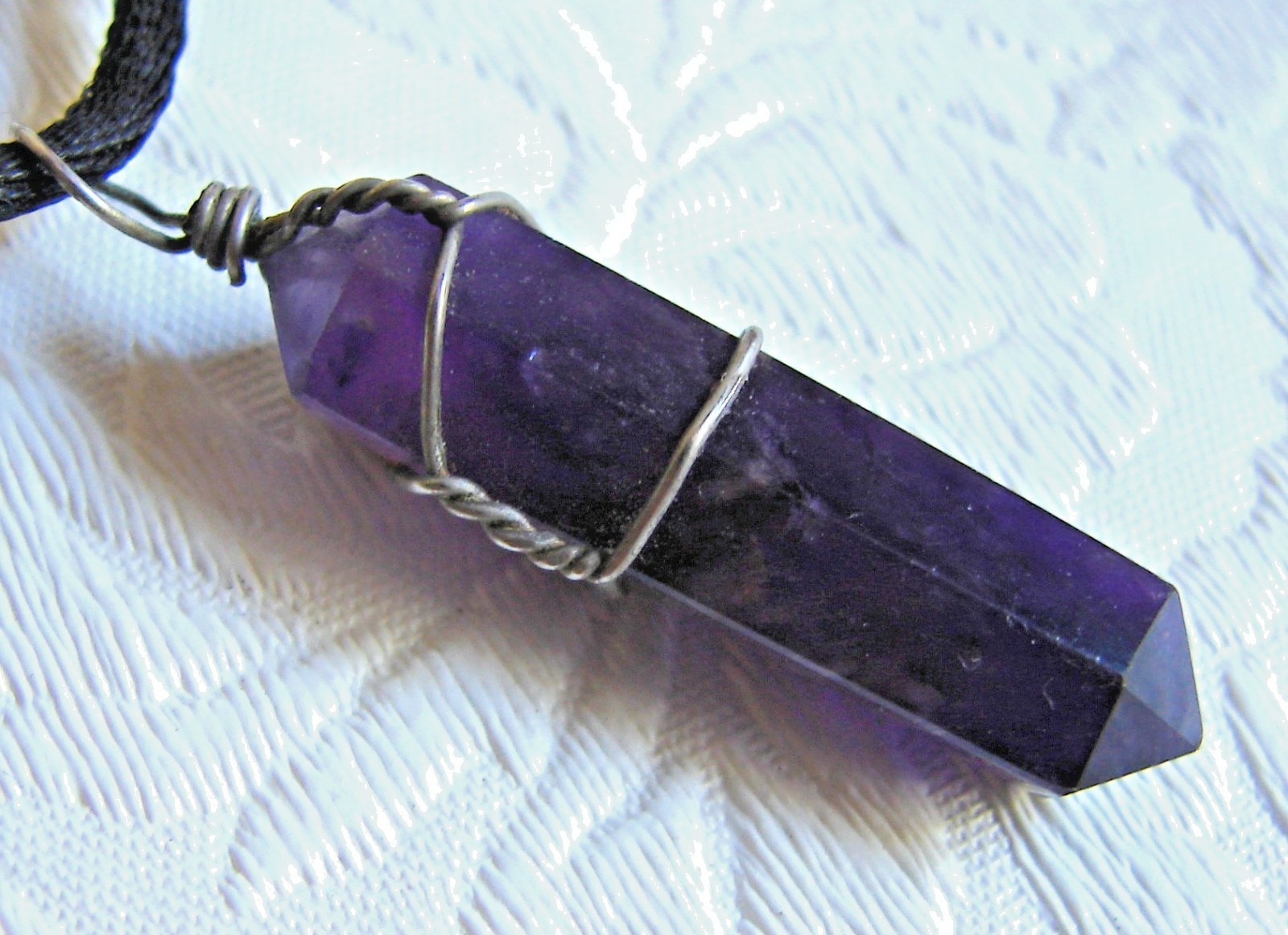 Artisan-Made Wire Wrapped Amethyst Point Pillar NECKLACE, Dark Purple, 26″ E39