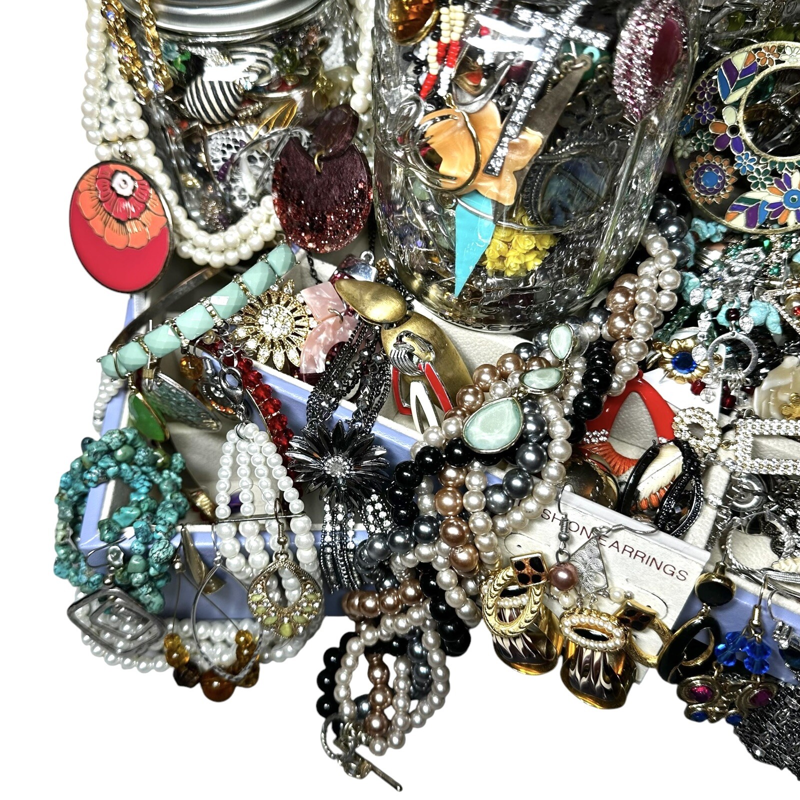 1+Lb Full (1) Ball Mason Jar Mystery Lot All Wearable Jewelry GUC Necklaces Etc.