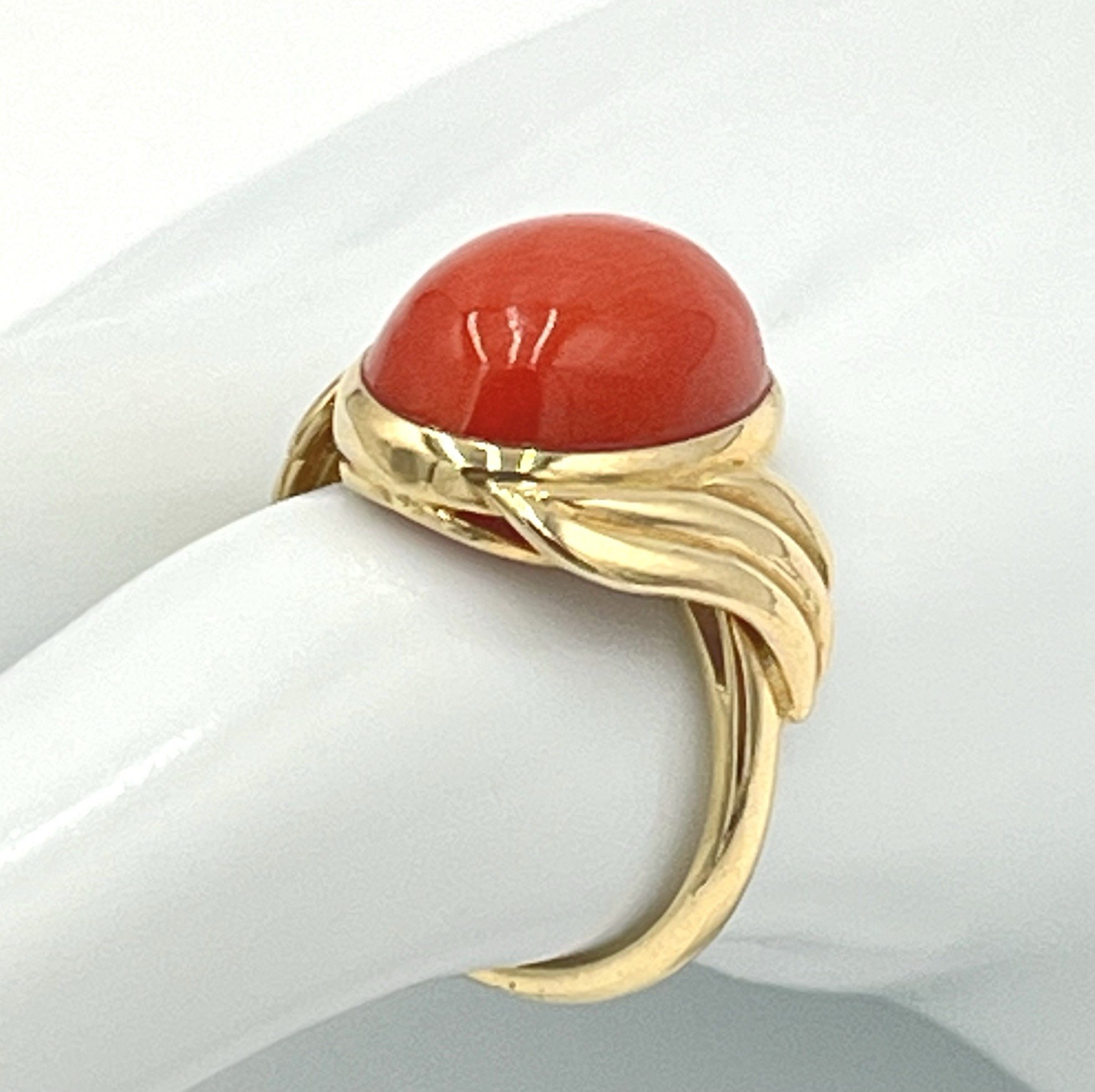 18Kt Gold Mediterranean Red Coral 16mm Cabochon Tower of the Greek Ring M+M