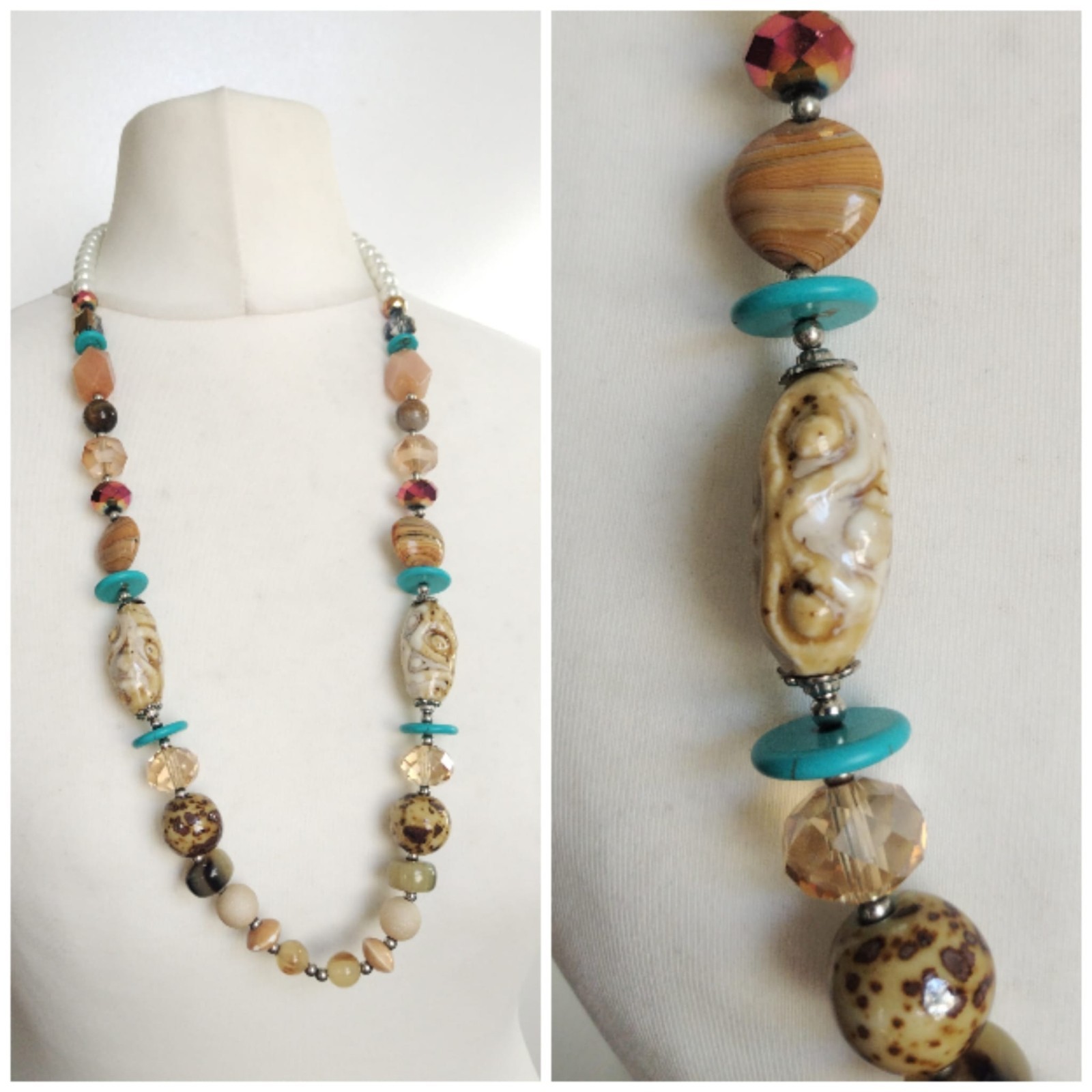 Long Blue Brown White Faux Pearl, Porcelain, Stone, Glass Mixed Beads Necklace